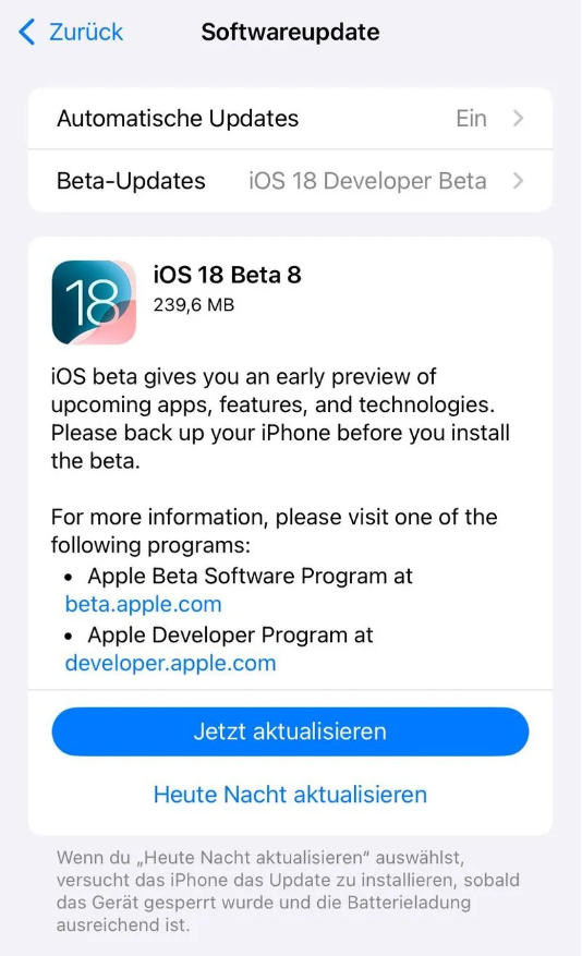 扶风苹果手机维修分享苹果 iOS / iPadOS 18 开发者预览版 Beta 8 发布 